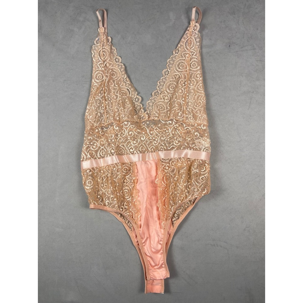 Neweven Women‎ Floral Lace Bodysuit Pink XL Deep V-Neck Lingerie Snap Gusset NWT